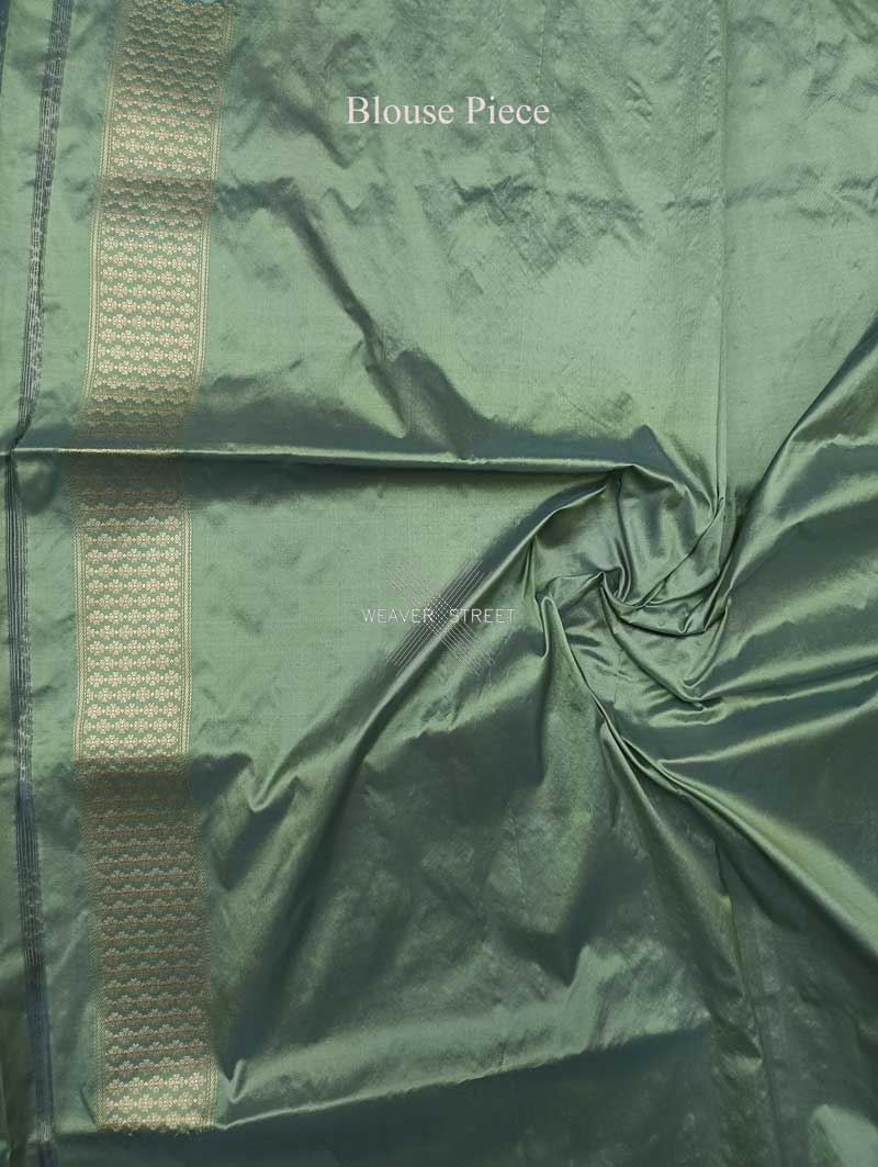 Metallic green Katan Silk Handwoven Banarasi saree with tilfi meenedar kadhwa flower border 6 blouse piece