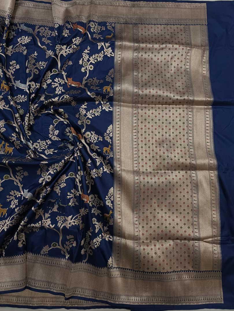 Midnight Blue Katan Silk handwoven Banarasi saree with tilfi meenedar Shikargah Jaal 1 main