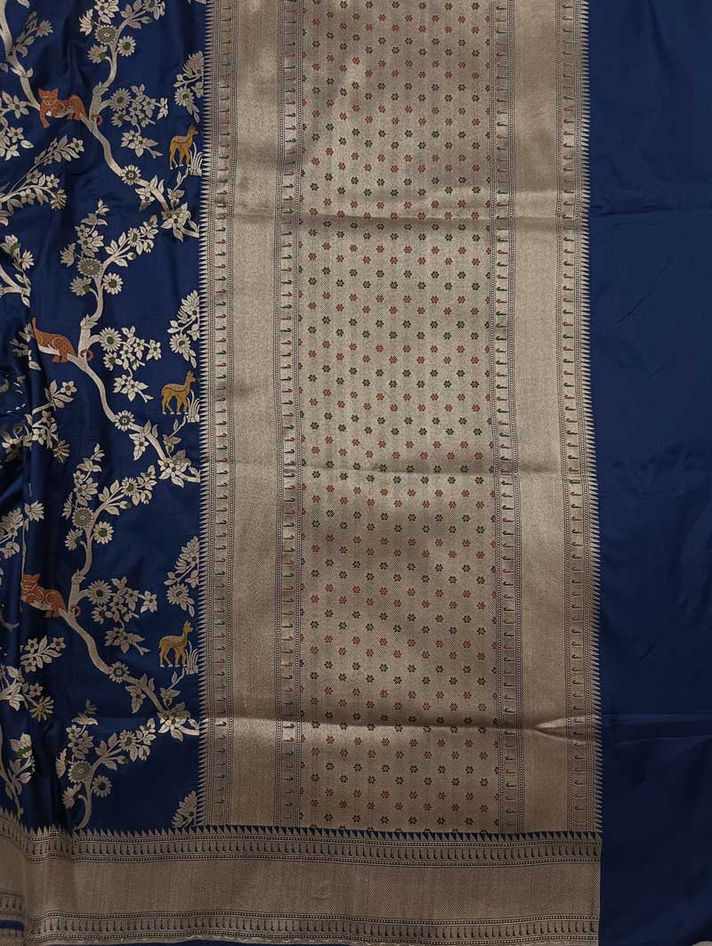 Midnight Blue Katan Silk handwoven Banarasi saree with tilfi meenedar Shikargah Jaal 2 pallu