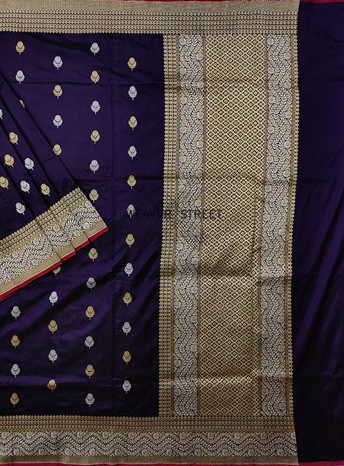 Midnight Blue Katan silk handwoven Banarasi saree with Flower kadwa buta (1) main