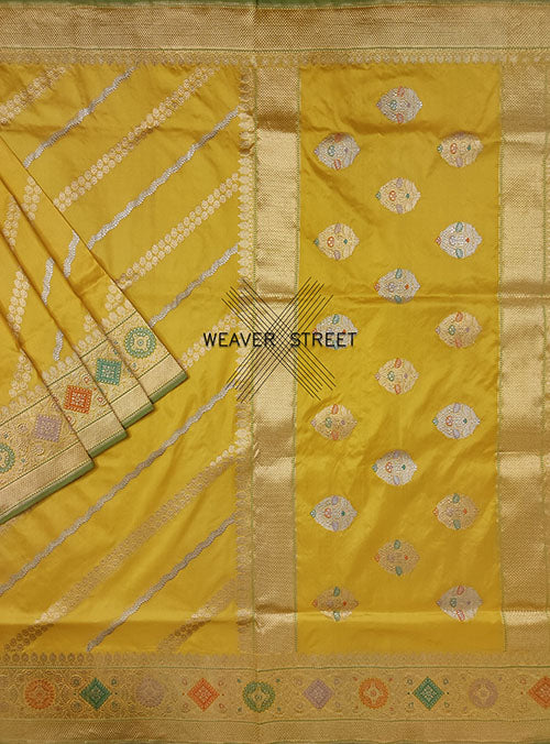 Minion Yellow katan silk handwoven Banarasi saree with aada kadwa jangla. 1 MAIN