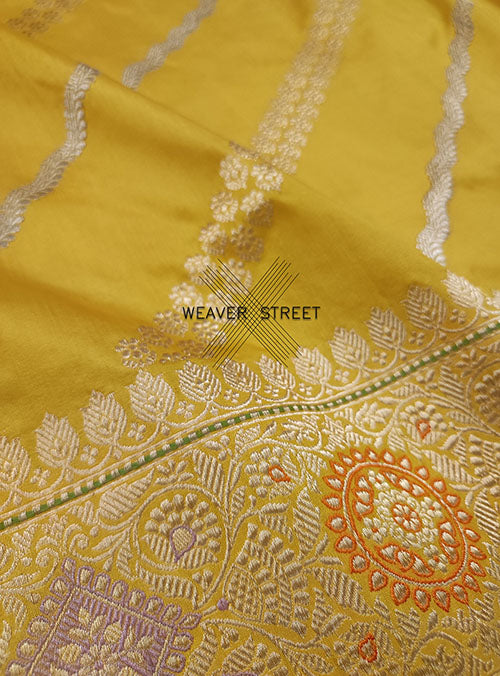 Minion Yellow katan silk handwoven Banarasi saree with aada kadwa jangla. 2 DETAIL