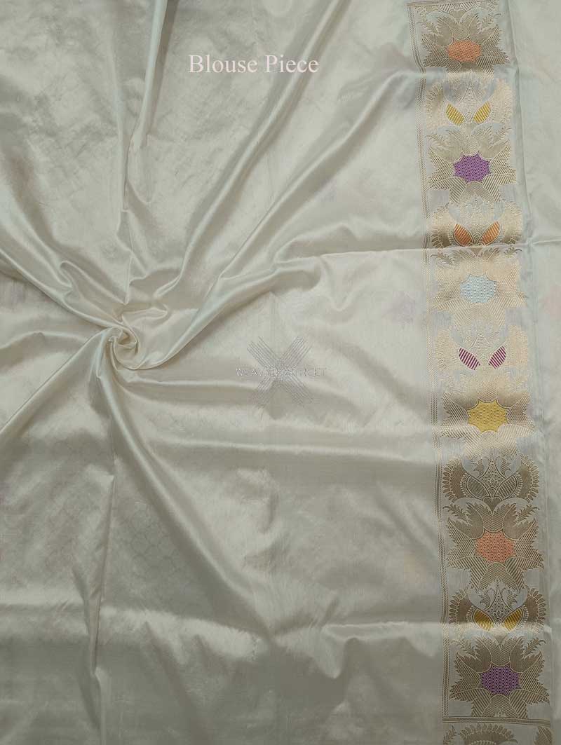 Off White Katan Silk Handwoven Banarasi saree with ogee pattern kadhwa jaal 6 blouse piece
