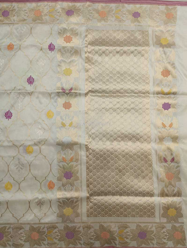 Off White Katan Silk Handwoven Banarasi saree with ogee pattern kadhwa jaal 1 main