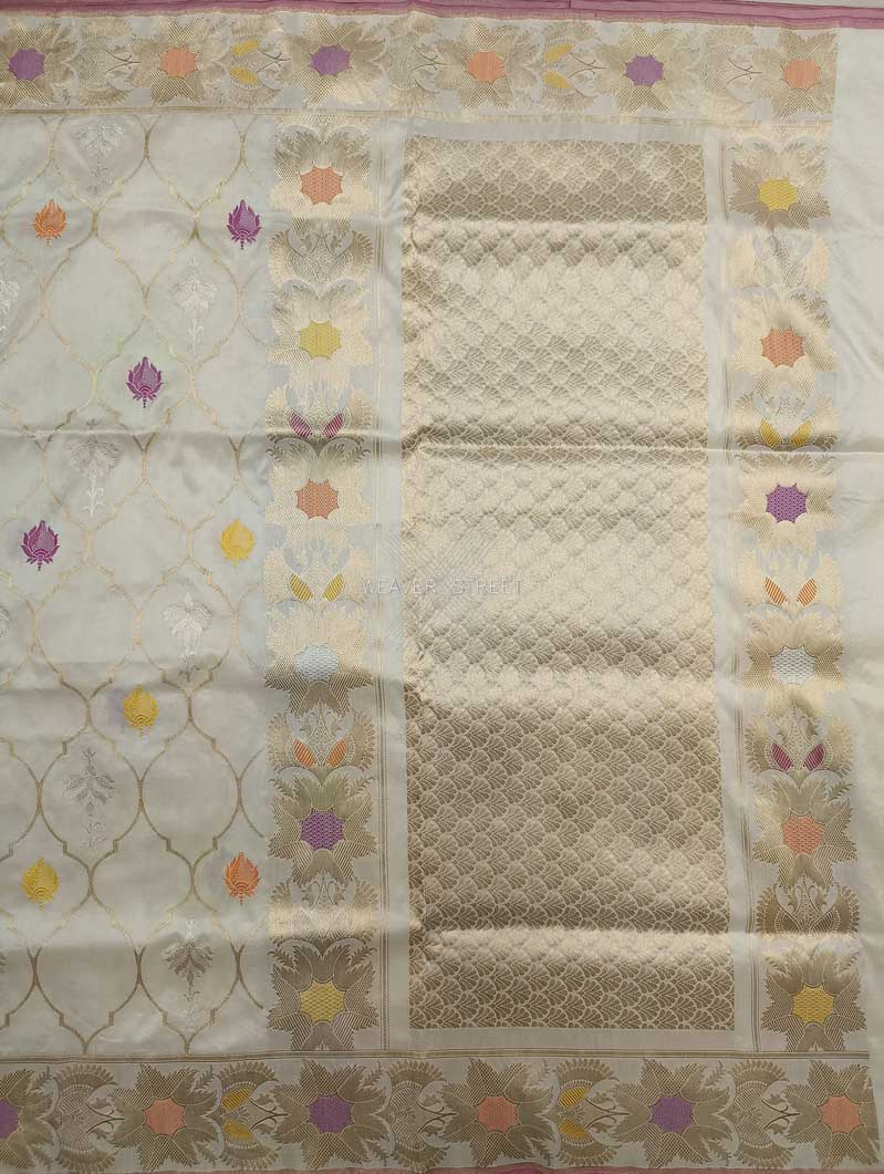 Off White Katan Silk Handwoven Banarasi saree with ogee pattern kadhwa jaal 1 main