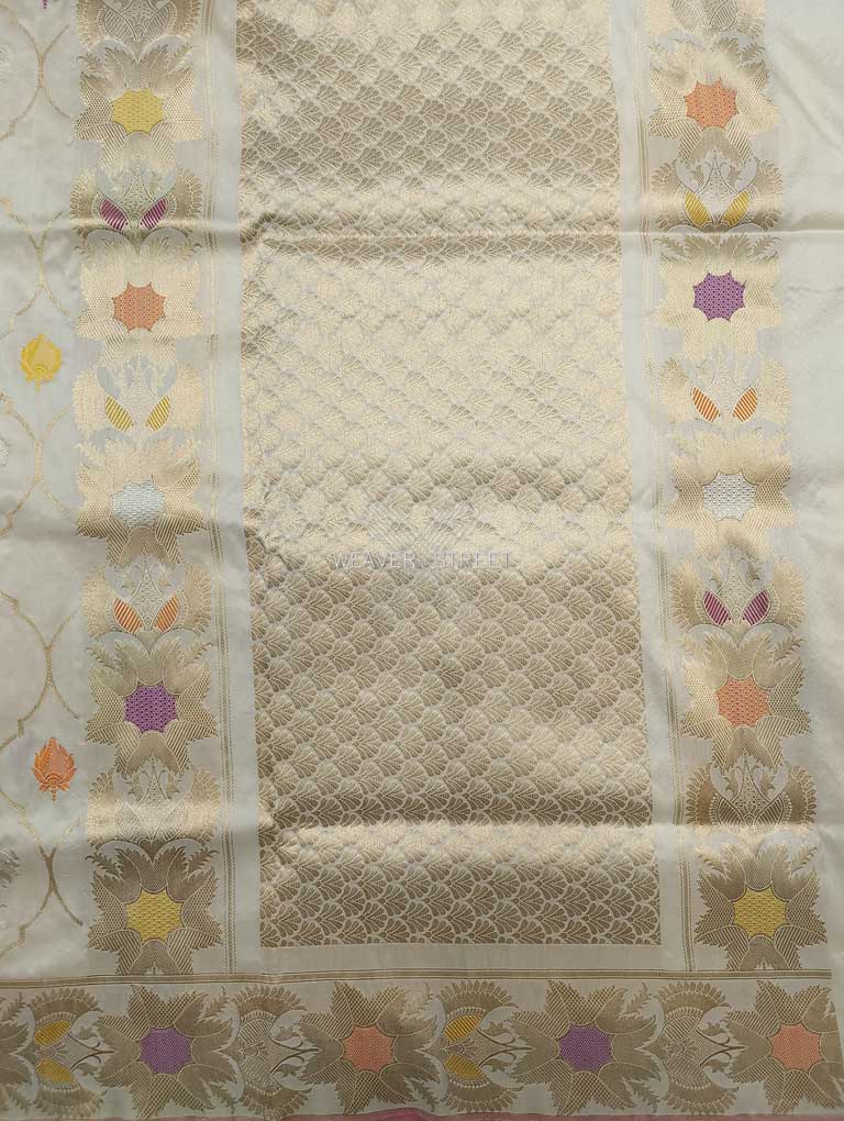 Off White Katan Silk Handwoven Banarasi saree with ogee pattern kadhwa jaal 2 pallu