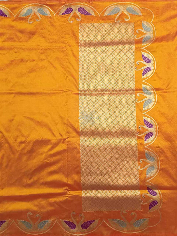 Orange Katan Silk Handwoven Banarasi saree with Swan pair scallop border 1 main