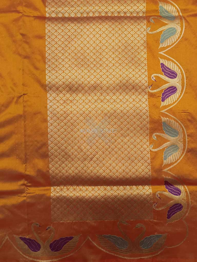 Orange Katan Silk Handwoven Banarasi saree with Swan pair scallop border 2 pallu