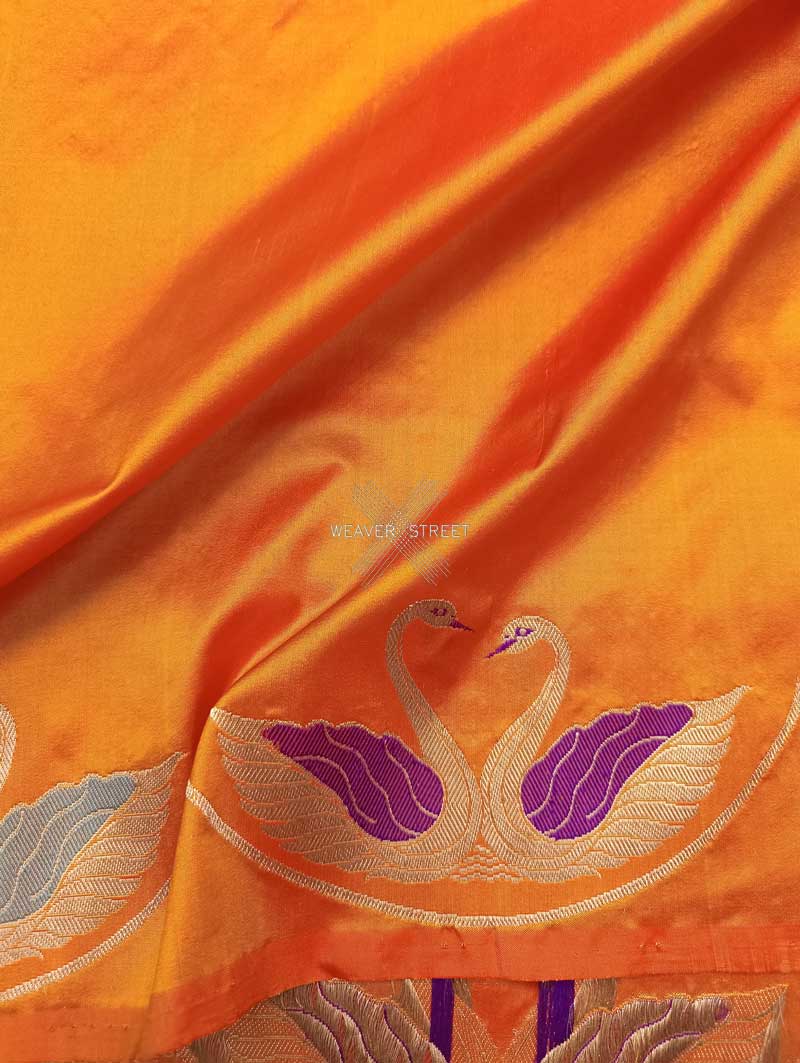 Orange Katan Silk Handwoven Banarasi saree with Swan pair scallop border 3 closeup