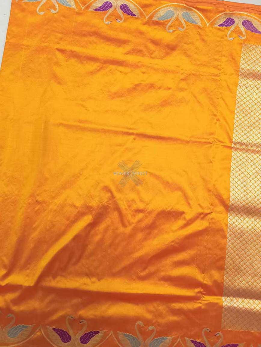 Orange Katan Silk Handwoven Banarasi saree with Swan pair scallop border 4 center