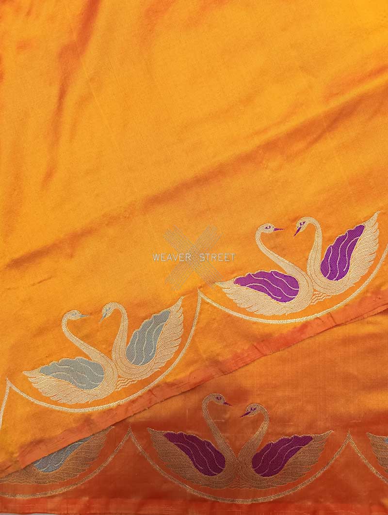 Orange Katan Silk Handwoven Banarasi saree with Swan pair scallop border 5 details