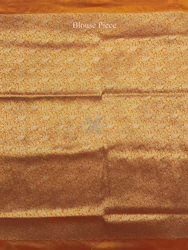 Orange Katan Silk Handwoven Banarasi saree with Swan pair scallop border 6 blouse piece