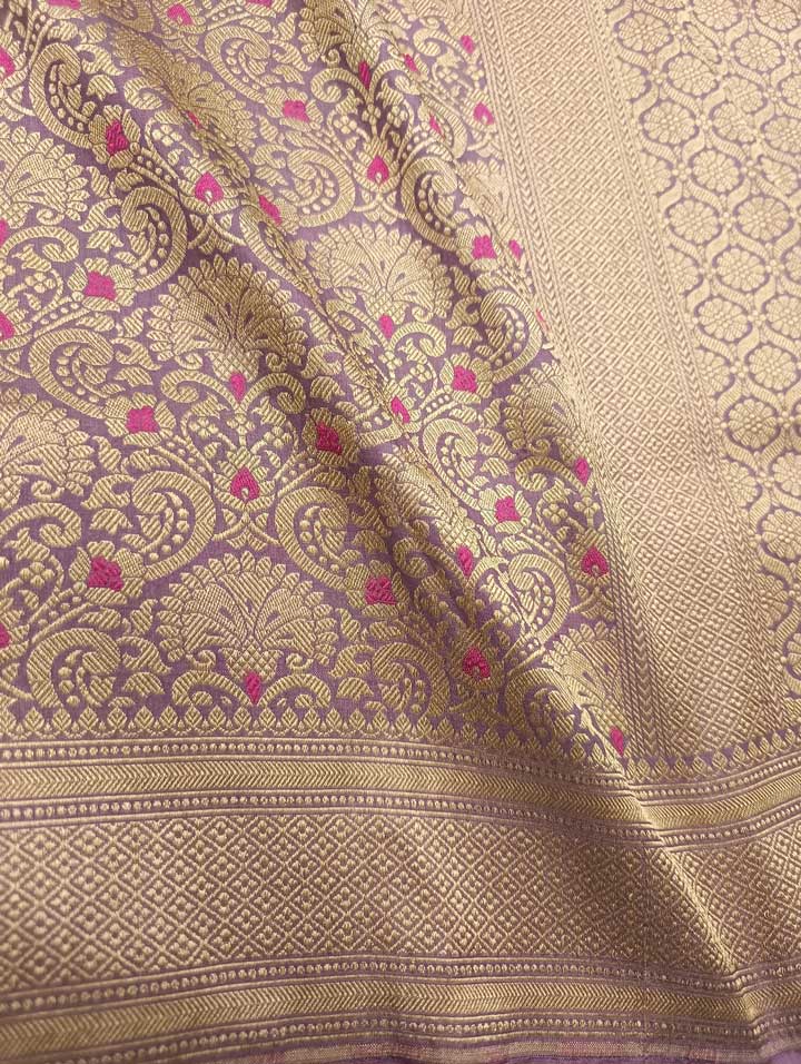 Pastel purple Katan Silk handwoven Banarasi saree with meenedar brocade jaal 3 closeup
