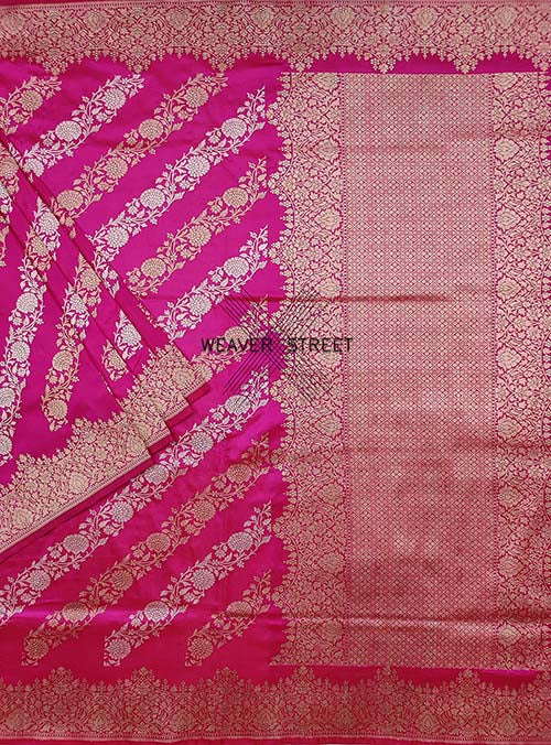 Pink Katan Silk Handwoven Banarasi saree with Floral Kadwa Jangla (1) main