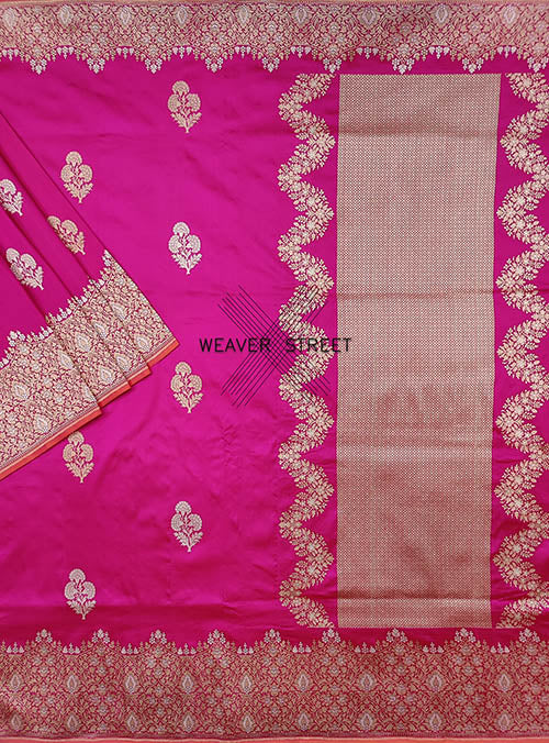 Pink Katan Silk Handwoven Banarasi saree with Flower Kadhwa Buta (1) main