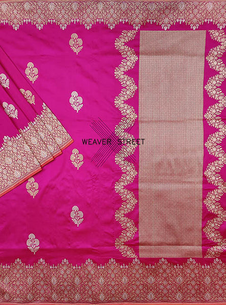 Pink Katan Silk Handwoven Banarasi saree with Flower Kadhwa Buta ...