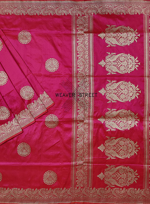 Pink Katan Silk Handwoven Banarasi saree with bird pair round buta (1) main