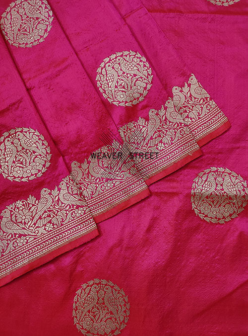 Pink Katan Silk Handwoven Banarasi saree with bird pair round buta (3) close up