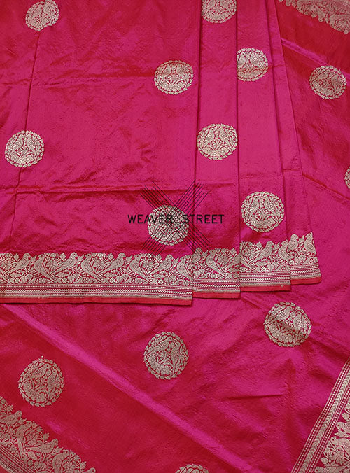 Pink Katan Silk Handwoven Banarasi saree with bird pair round buta (4) center