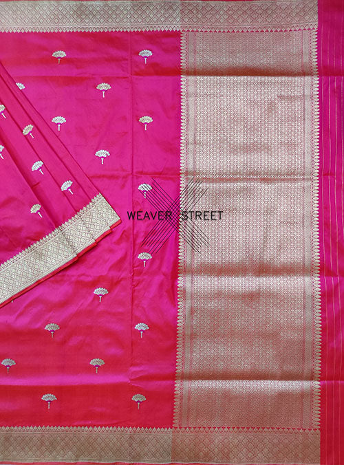 Pink Katan Silk Handwoven Banarasi saree with meenedar flower shape buti (1) main