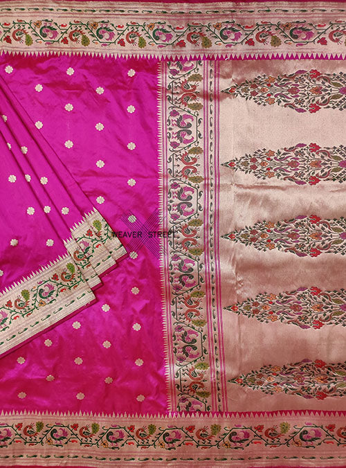 Pink Katan silk Handwoven Banarasi saree with Paithani border (1) main