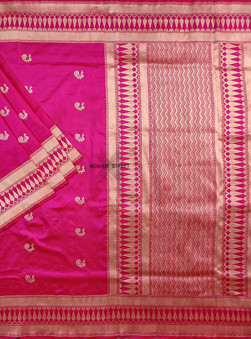 Pink Katan silk Handwoven Banarasi saree with meenedar peacock buti. 1 MAIN