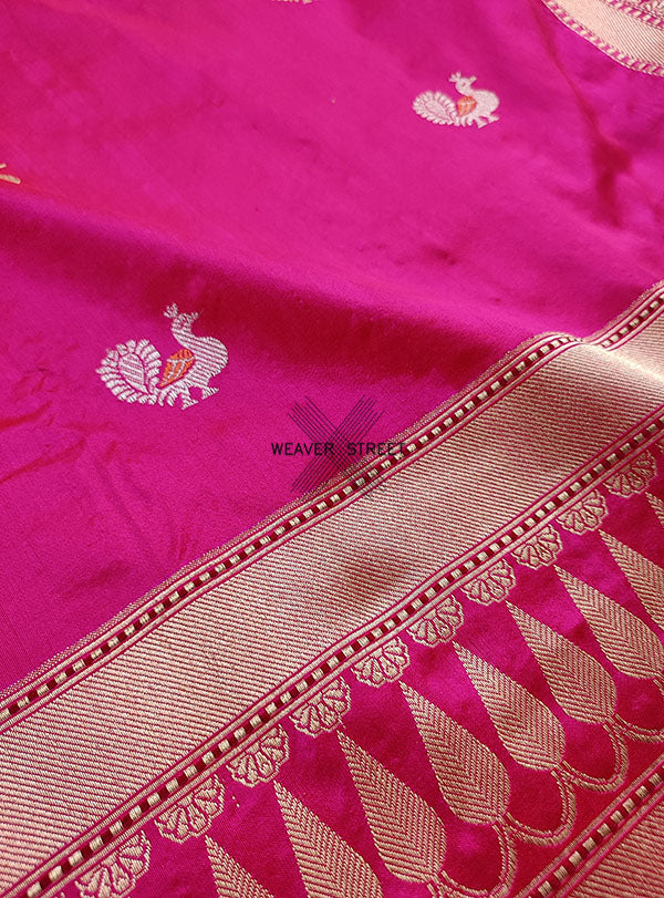 Pink Katan silk Handwoven Banarasi saree with meenedar peacock buti. 2 DETAIL