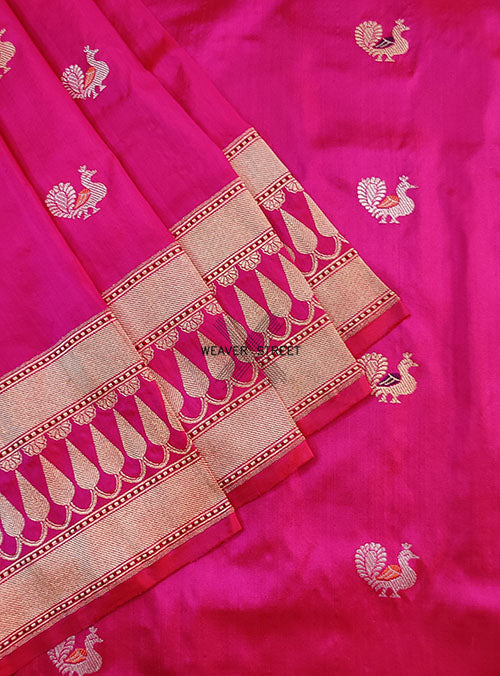 Pink Katan silk Handwoven Banarasi saree with meenedar peacock buti. 3 CLOSE UP