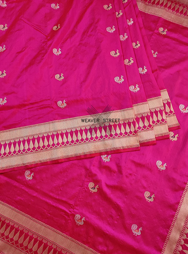 Pink Katan silk Handwoven Banarasi saree with meenedar peacock buti. 4 CENTER
