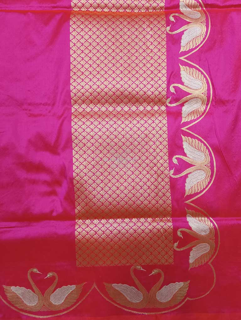 Pink Katan Silk Handwoven Banarasi saree with Swan pair scallop border 2 pallu