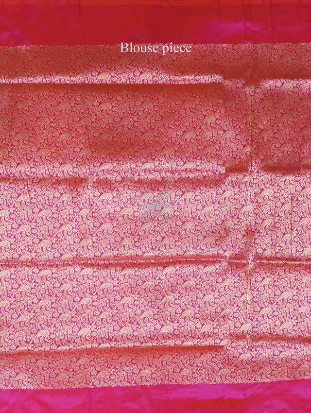 Pink Katan Silk Handwoven Banarasi saree with Swan pair scallop border 6 blouse piece