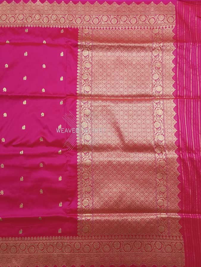 Pink Katan Silk Handwoven Banarasi saree with alfi meenedar small paisley buti 1 main