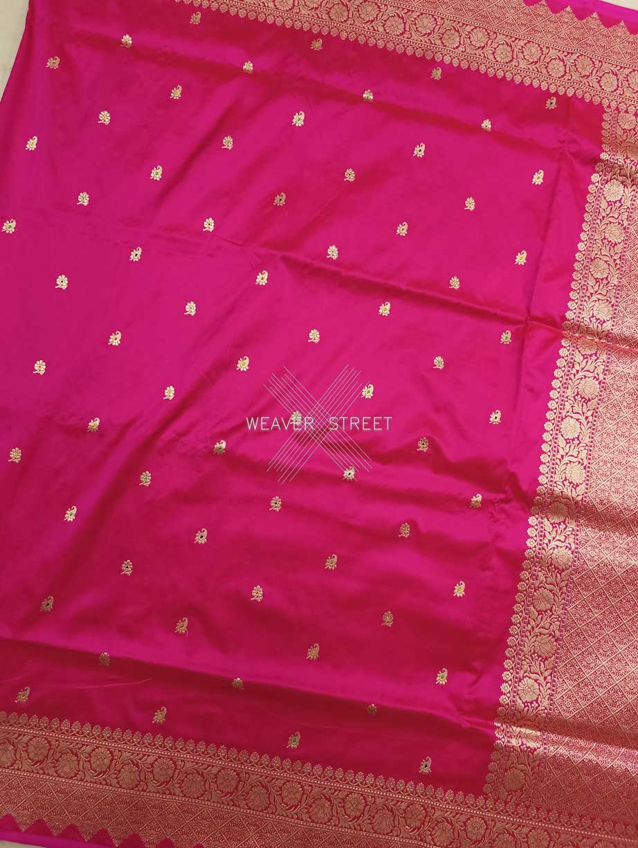 Pink Katan Silk Handwoven Banarasi saree with alfi meenedar small paisley buti 4 center