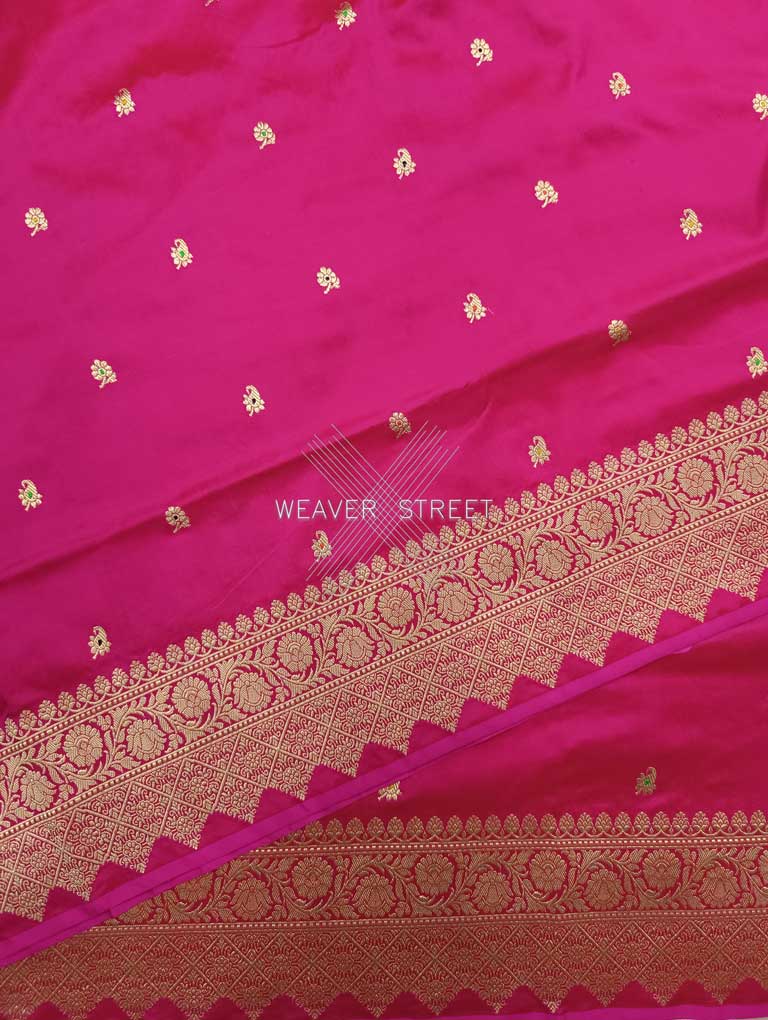 Pink Katan Silk Handwoven Banarasi saree with alfi meenedar small paisley buti 5 details