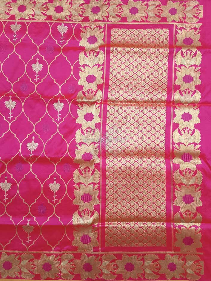 Pink Katan Silk Handwoven Banarasi saree with ogee pattern kadhwa jaal 1 main