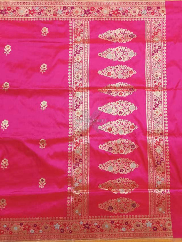 Pink katan silk Handwoven Banarasi saree with alfi meenedar flower buta 1 main
