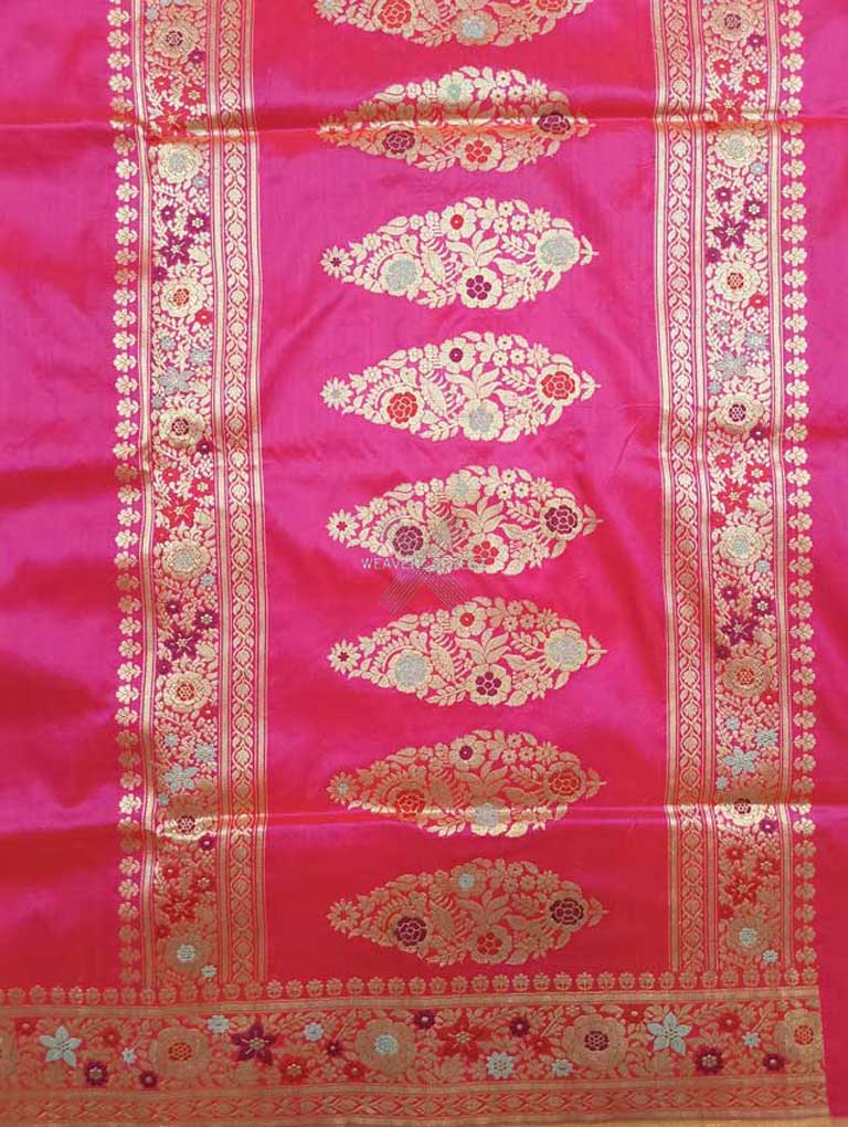 Pink katan silk Handwoven Banarasi saree with alfi meenedar flower buta 2 pallu