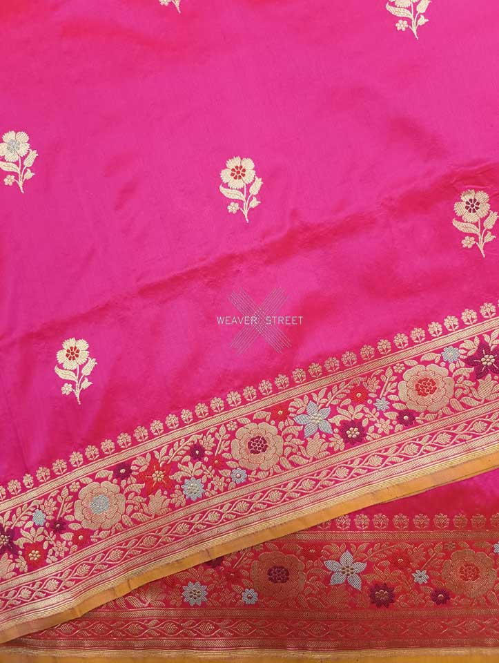 Pink katan silk Handwoven Banarasi saree with alfi meenedar flower buta 5 details