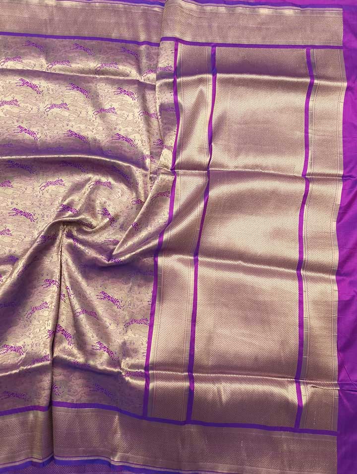 Purple Katan Silk Handwoven Banarasi saree with Tiger Shikarga Jaal 1 main