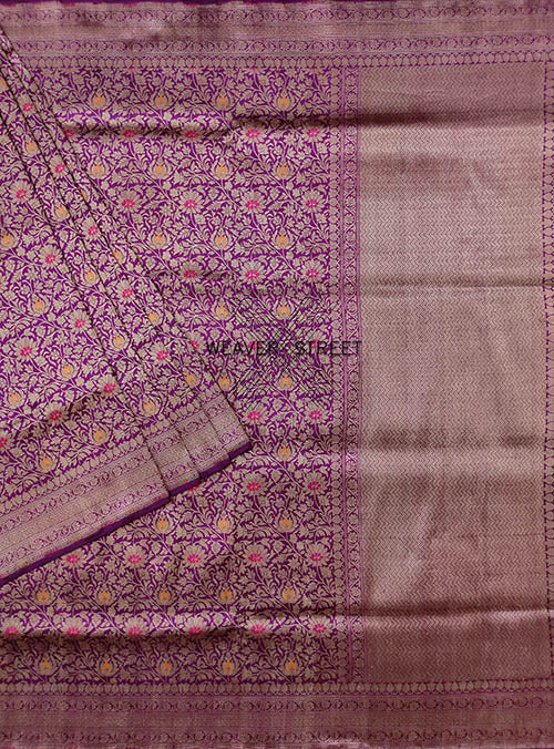 Purple Katan silk Handwoven Banarasi saree with Floral Brocade Jaal (1) main