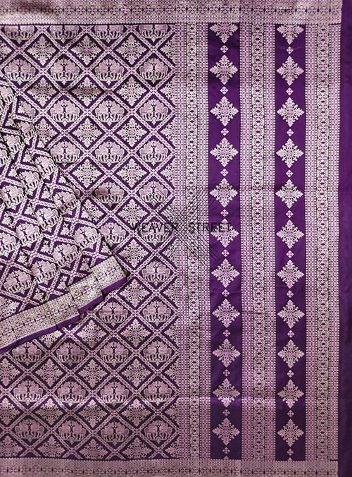 Purple Katan silk Handwoven Banarasi saree with Horse pair Brocade jaal (1) main