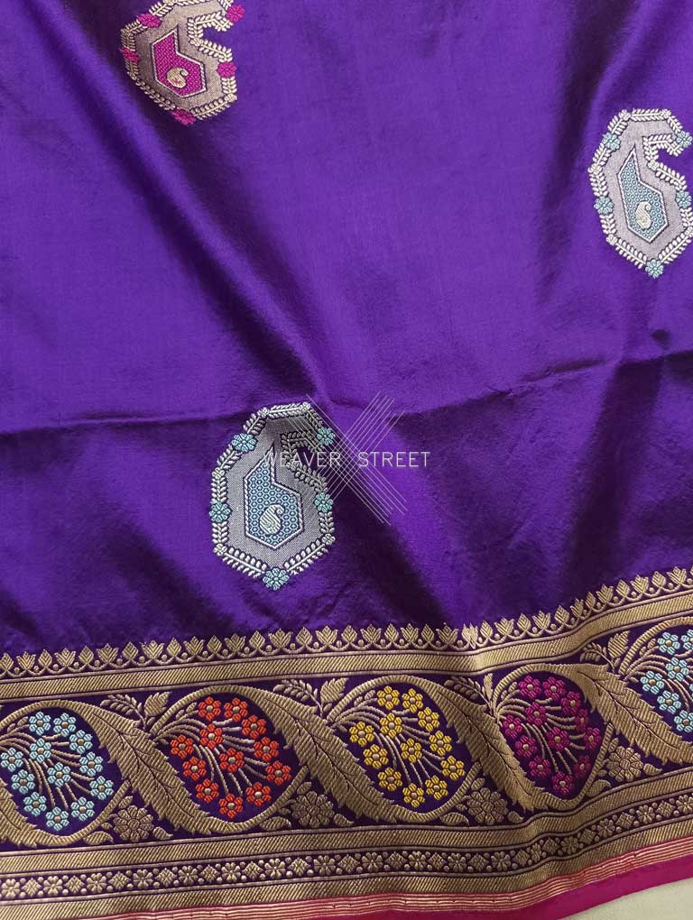 Purple Katan Silk Handwoven Banarasi saree with meenedar paisley buta 3 closeup