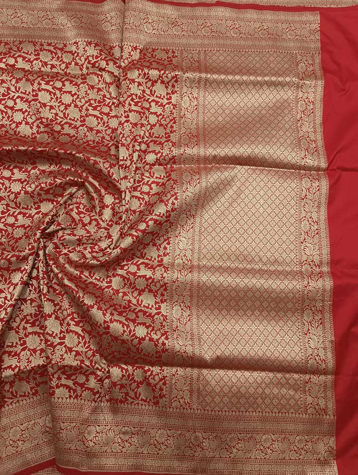Red Katan silk Handwoven Banarasi saree with Shikargah jaal 1 main