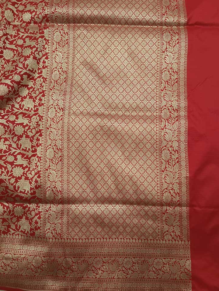 Red Katan silk Handwoven Banarasi saree with Shikargah jaal 2 pallu