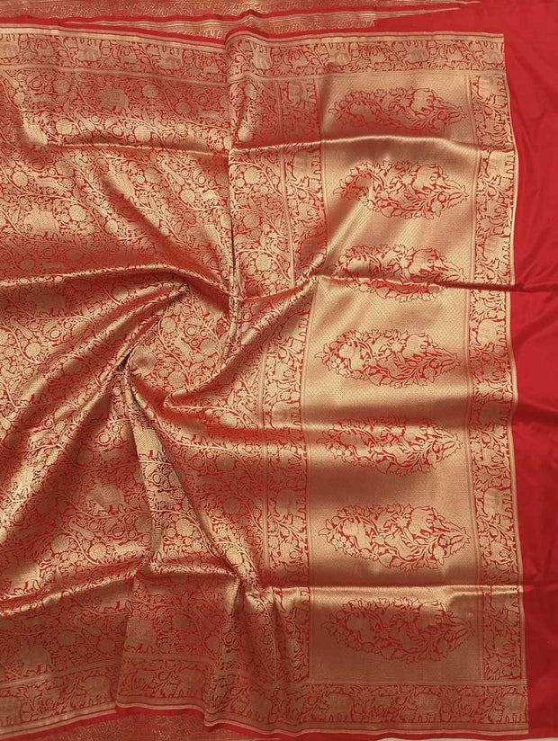 Red Katan silk Handwoven Banarasi saree with stylized Shikargah jaal 1 main