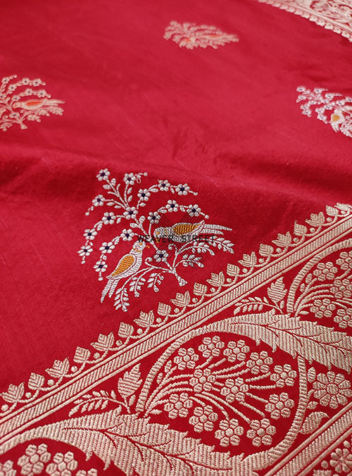 Red Katan silk Handwoven Banarasi saree with tilfi bird buta. 2 DETAIL