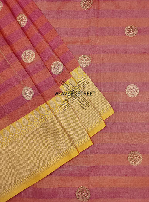 Red Pink Cotton Tissue Handwoven Banarasi Saree with round kadwa buta (3) close up