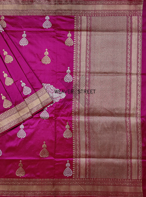 Red Pink shot color Katan Silk Handwoven Banarasi saree with stylized buta (1) main