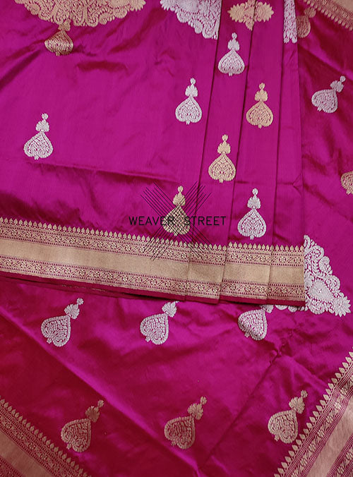 Red Pink shot color Katan Silk Handwoven Banarasi saree with stylized buta (4) center