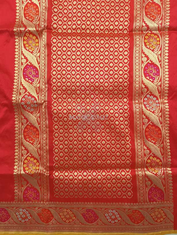 Red Katan Silk Handwoven Banarasi saree with meenedar paisley buta 2 pallu